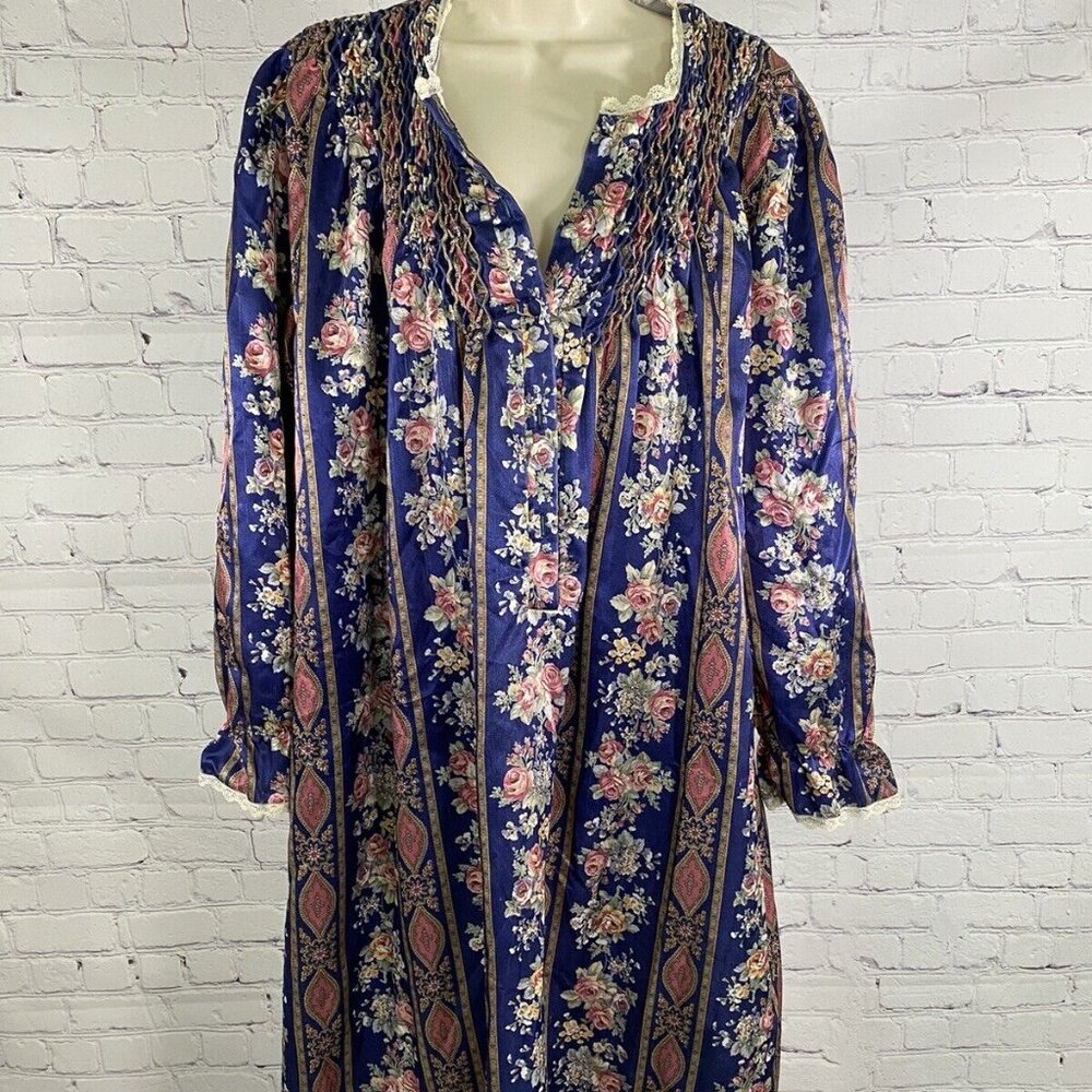 Vintage Romantic Moods Floral Long Ruffle Sleeve Lace Accent Sleep Dress S Small